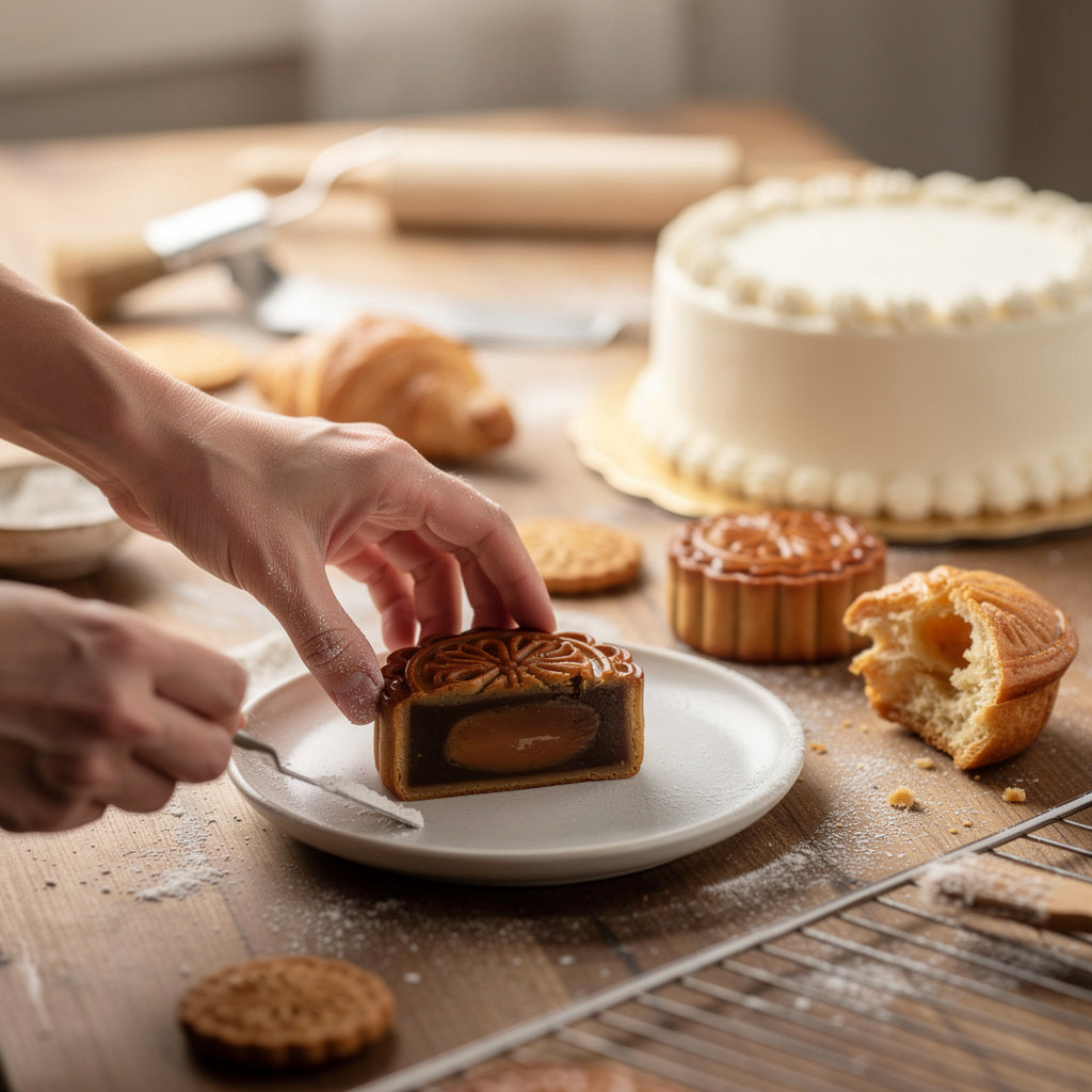 Sugar Butter Flour bakery menu display featuring fresh cakes, pies, and Chinese Moon Cakes in Sunnyvale