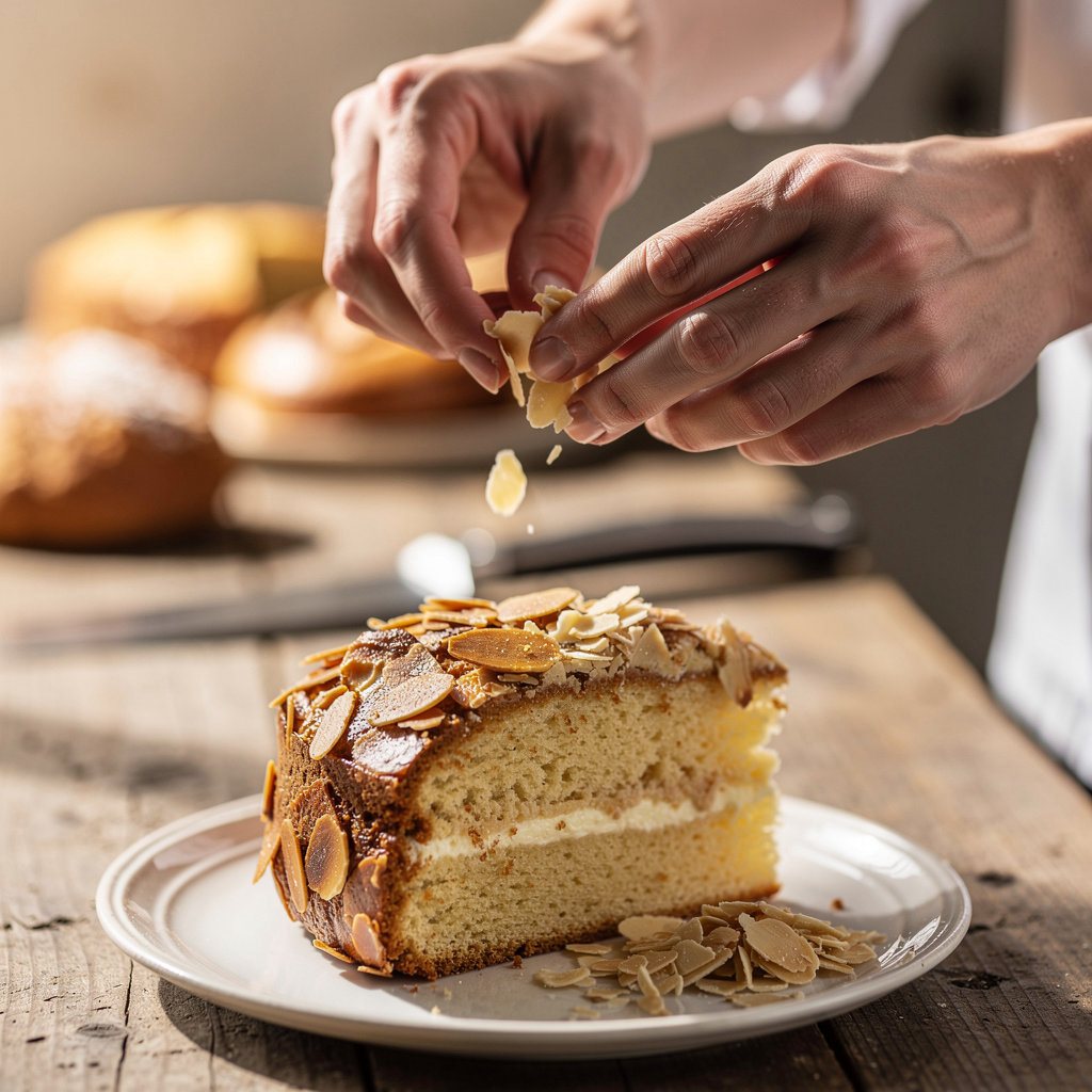 Sugar Butter Flour's famous burnt almond cake with caramelized almonds in Sunnyvale, CA