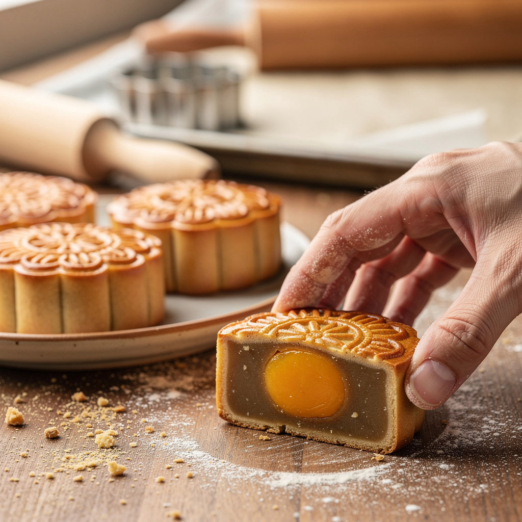 Sugar Butter Flour's authentic Chinese Moon Cakes with intricate designs, freshly baked in Sunnyvale for the Mid-Autumn Festival