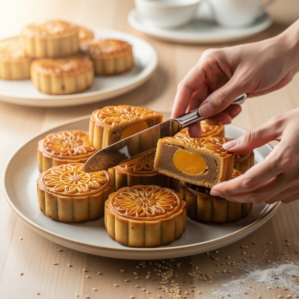 Sugar Butter Flour's authentic Chinese Moon Cakes displayed in Sunnyvale, showcasing traditional designs and flavors