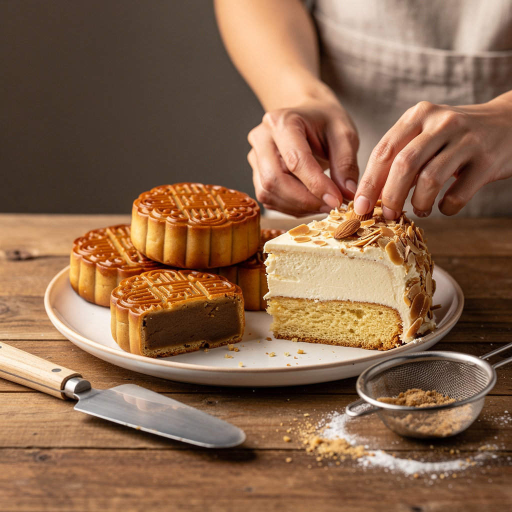 Sugar Butter Flour's signature baked goods display including Chinese Moon Cakes and burnt almond cake in Sunnyvale